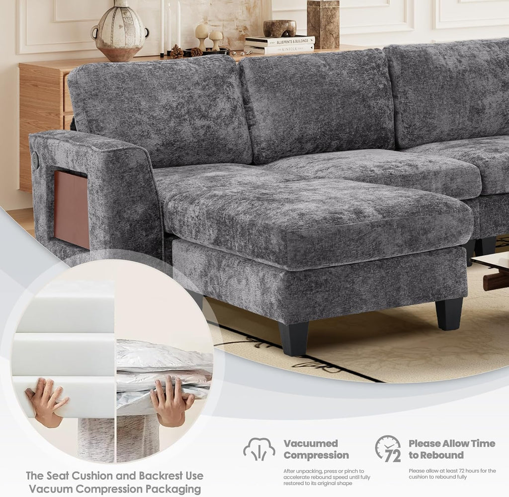 COLAMY 118" Modular Sectional Cloud Couch, Midcentury Modern 4-Seat U-Shaped Sofa, with USB Type C Ports, Foldable Side Table and 2 Ottomans, for Home Living Room, Grey