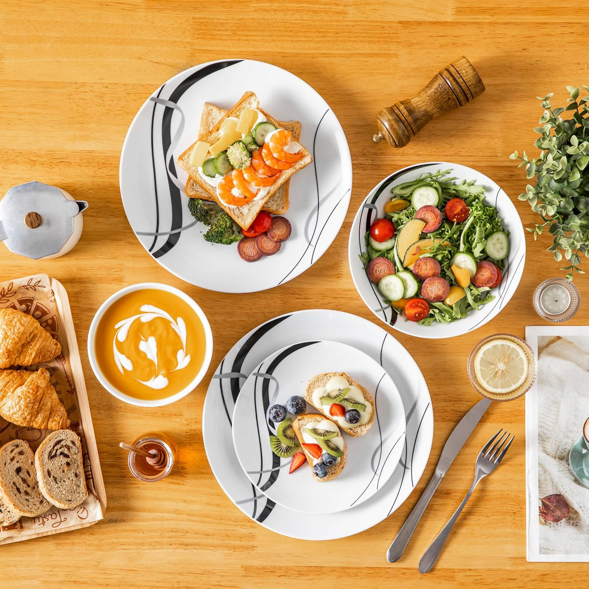 VEWEET Porcelain Dinnerware Sets for 6, 24 Pieces Plates and Bowls Set with Black and Grey Ribbon Lines, Dishes Set Dining Ware for Dinner, Microwave and Dishwasher Safe, Series FIONA