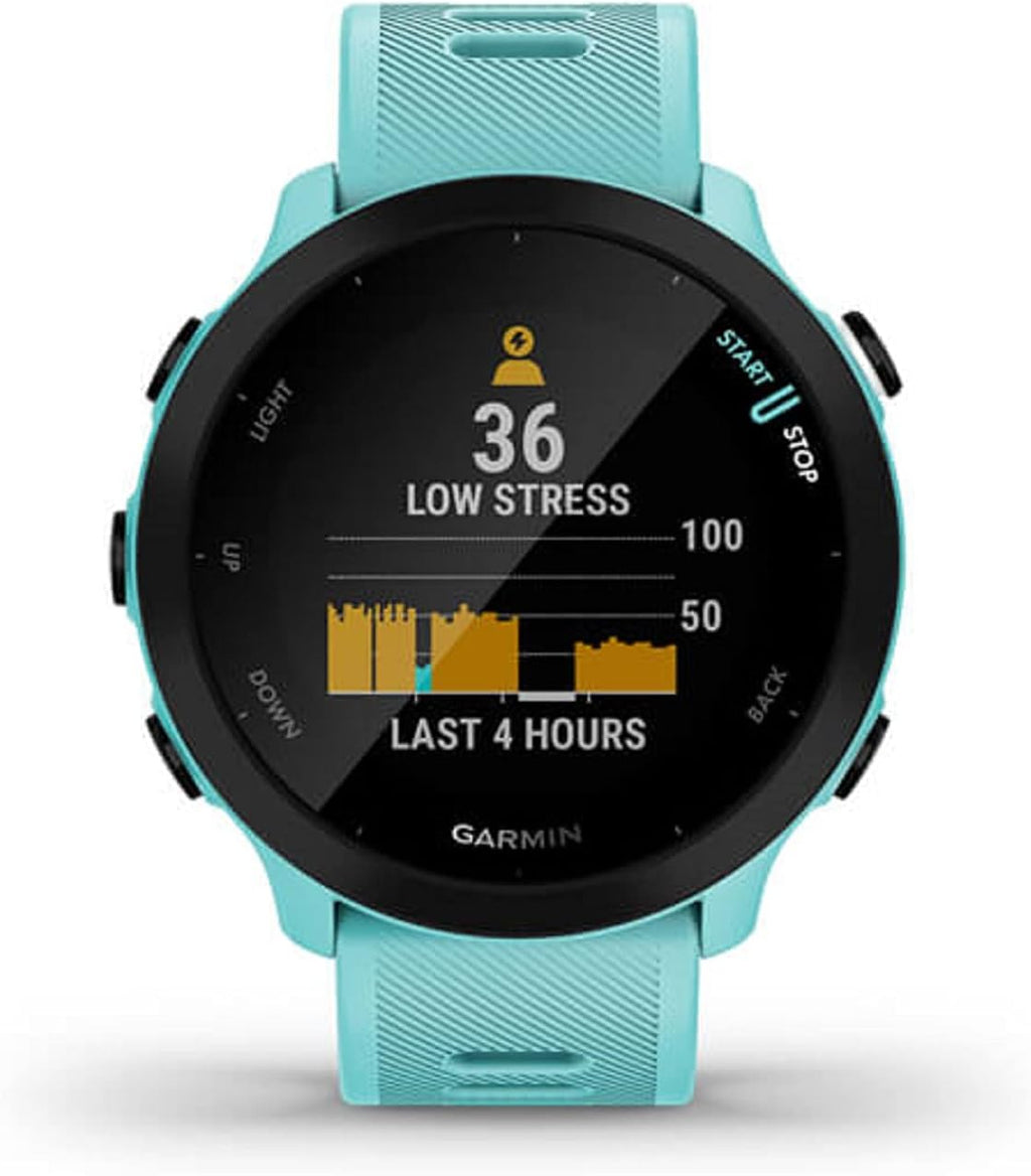 Garmin Forerunner 55, GPS Running Watch with Daily Suggested Workouts, Up to 2 weeks of Battery Life, Aqua One Size (Renewed)