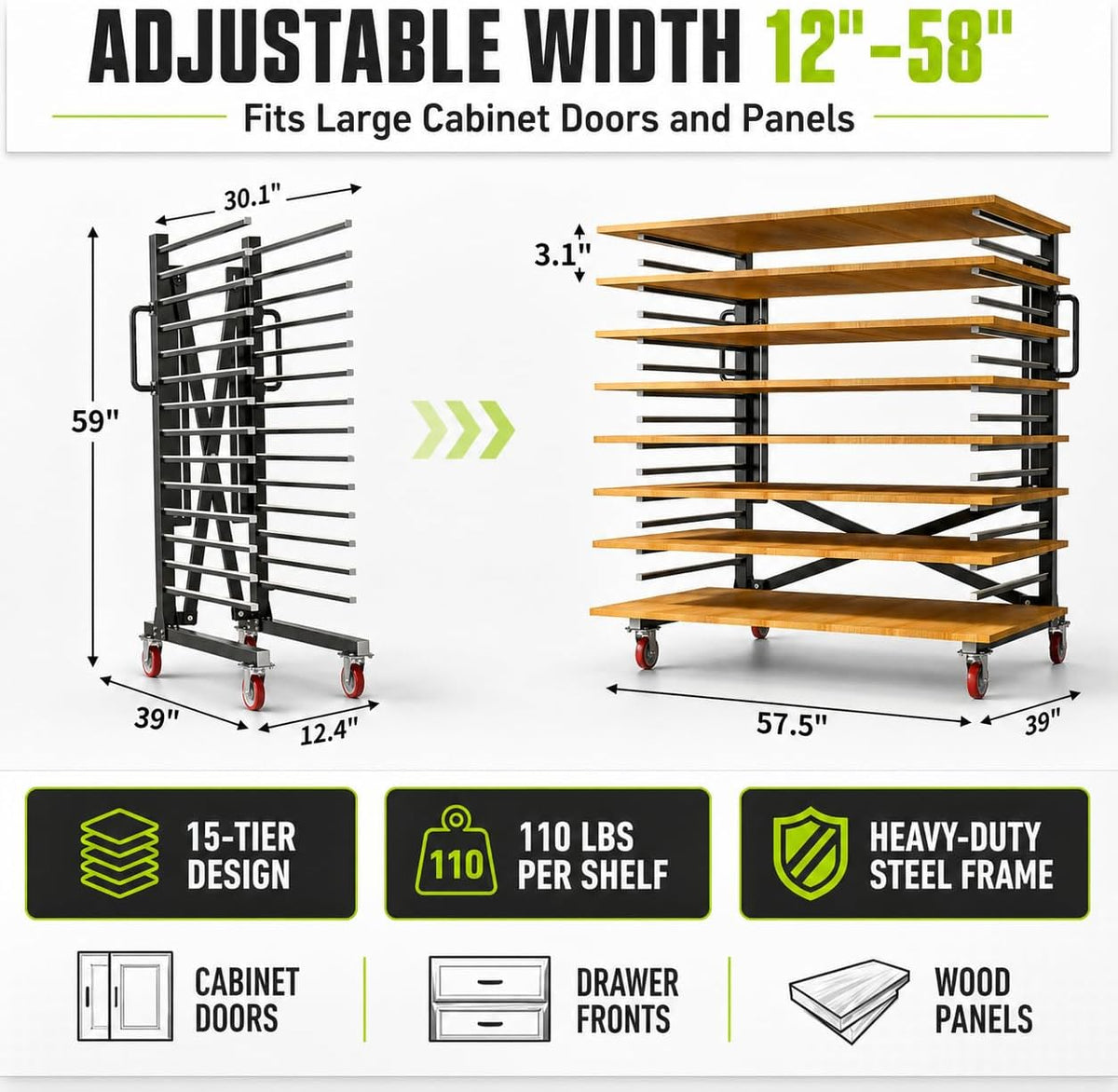 Paint Drying Rack,15-Tier Heavy-Duty Steel Drying Painting Rack for Cabinet Doors, Adjustable Width 12 to 58 Inch,110 lbs Per Shelf,Black Drying Rack with Lockable Wheels for Paint Shops