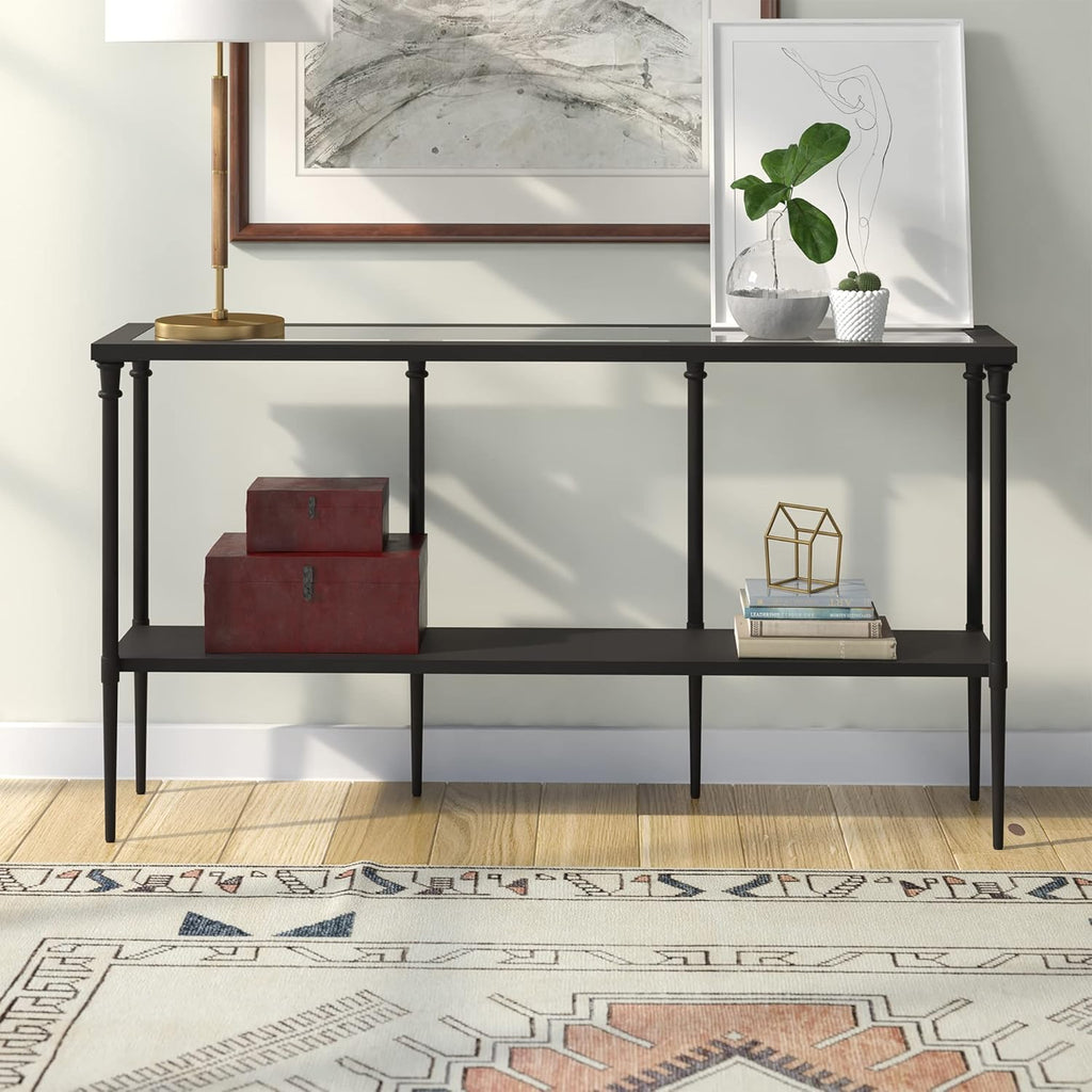 Nellie 55'' Wide Rectangular Console Table with Metal Shelf in Blackened Bronze