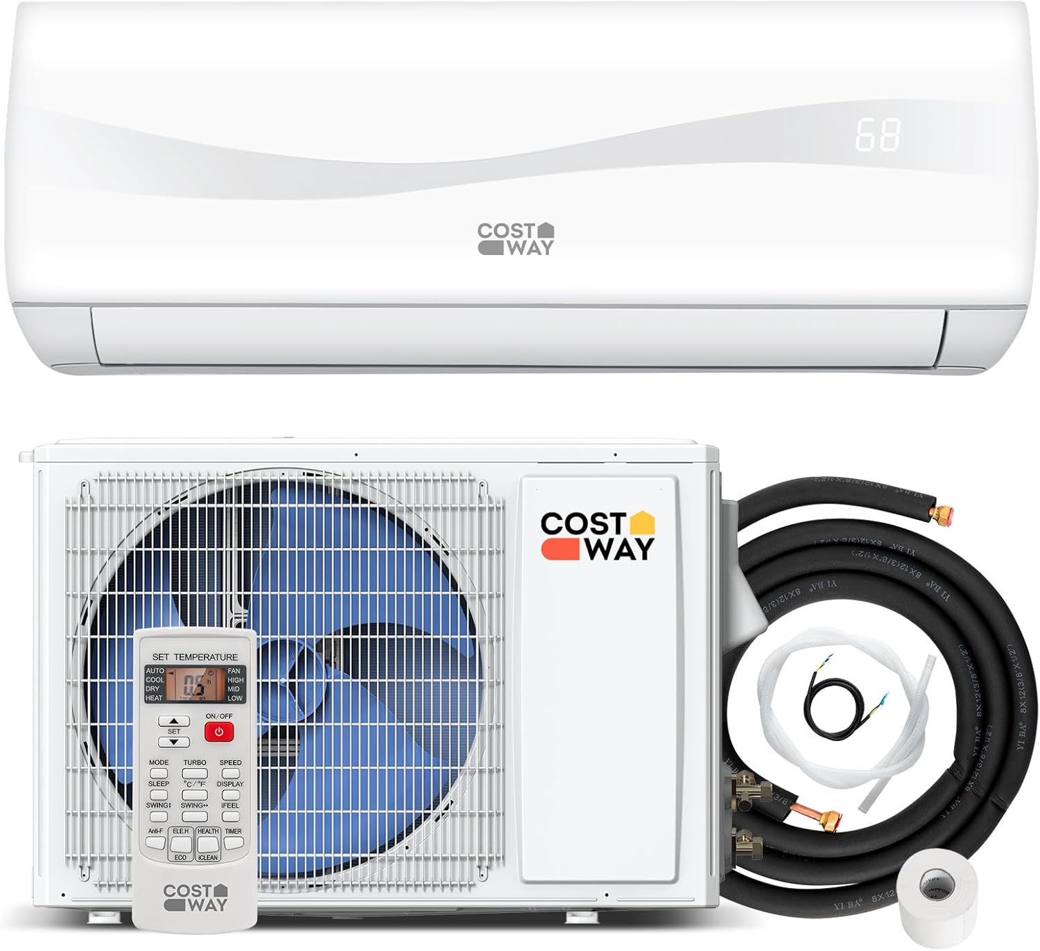 COSTWAY 18000BTU Mini Split Air Conditioner& Heater, 19 SEER2 208-230V Wall-Mounted Ductless AC Unit Cools Rooms up to 1250 Sq. Ft, Energy Efficient Inverter AC w/Heat Pump (Blast Series)
