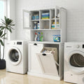 Laundry Room Storage Cabinets with Tilt-Out Double Doors, Laundry Cabinet with 2 Removeable Non-Woven Bags and Glass Doors 60” Tall Bathroom Cabinet with Adjustable Shelves (White)