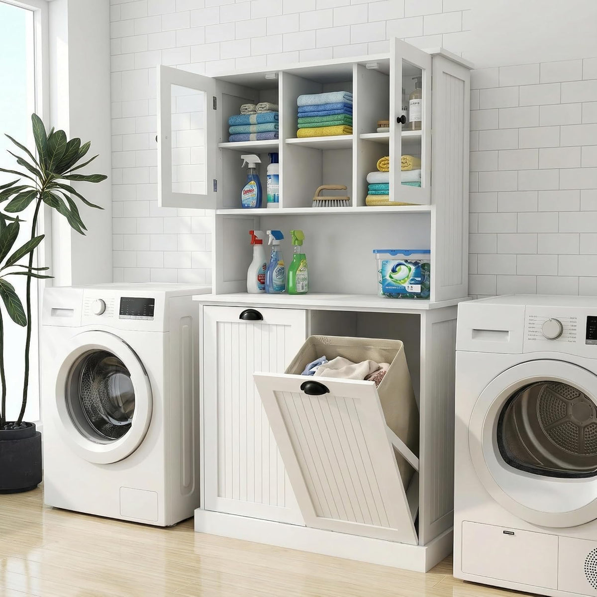 Laundry Room Storage Cabinets with Tilt-Out Double Doors, Laundry Cabinet with 2 Removeable Non-Woven Bags and Glass Doors 60” Tall Bathroom Cabinet with Adjustable Shelves (White)