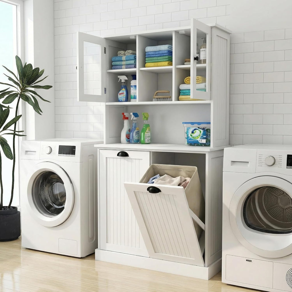 Laundry Room Storage Cabinets with Tilt-Out Double Doors, Laundry Cabinet with 2 Removeable Non-Woven Bags and Glass Doors 60” Tall Bathroom Cabinet with Adjustable Shelves (White)