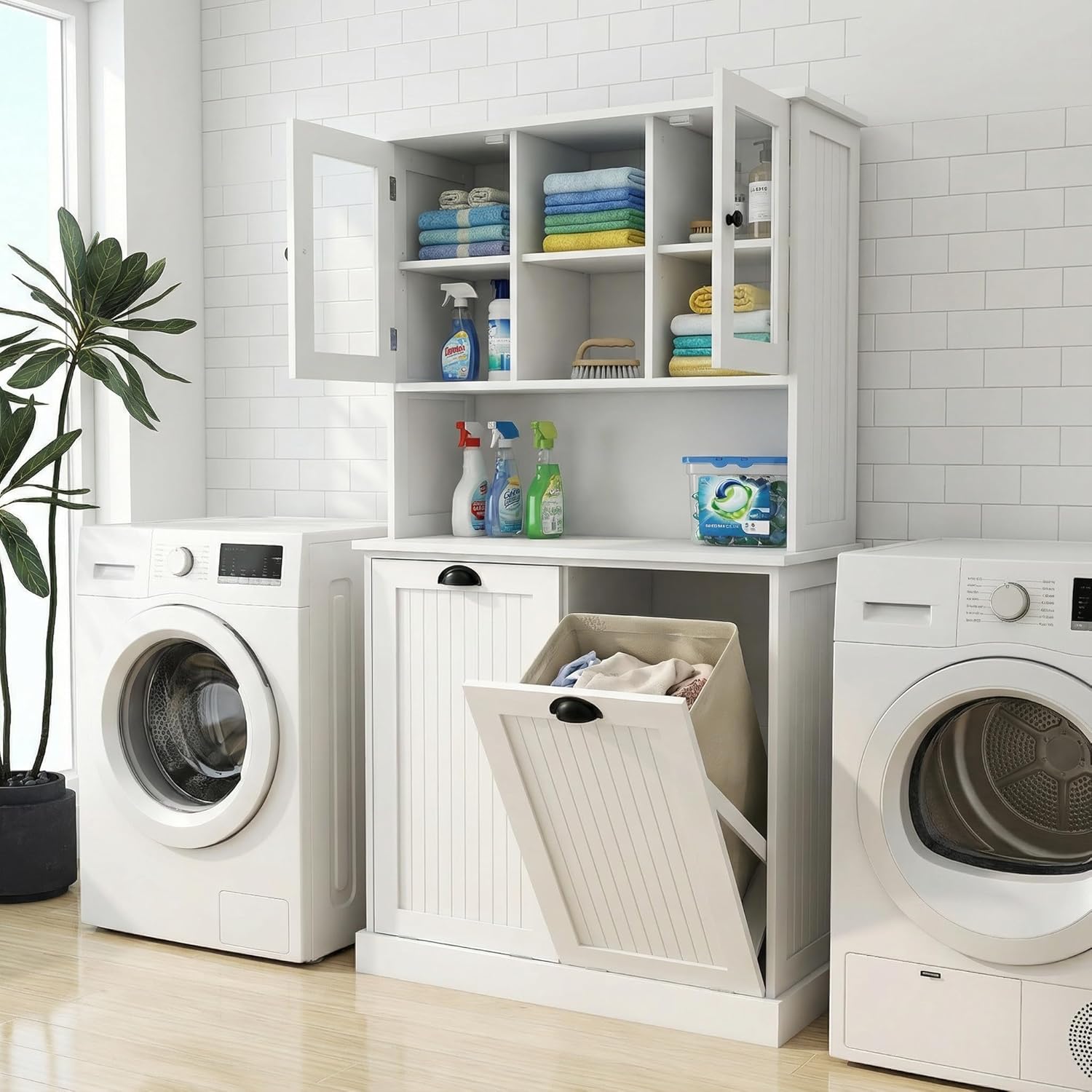 Laundry Room Storage Cabinets with Tilt-Out Double Doors, Laundry Cabinet with 2 Removeable Non-Woven Bags and Glass Doors 60” Tall Bathroom Cabinet with Adjustable Shelves (White)