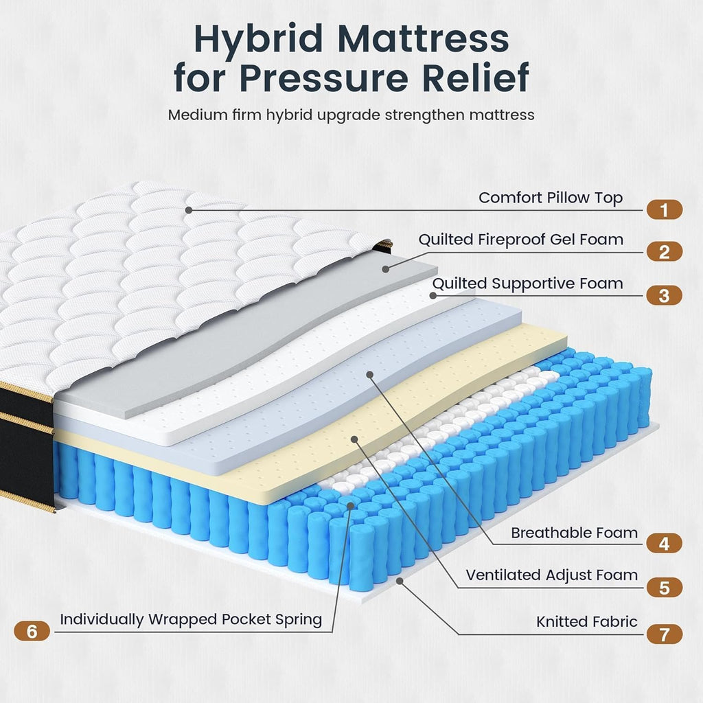 LETMOON King Size Mattress New Version, 12 Inch Gel Memory Foam Hybrid Mattress King Bed in a Box, Pressure & Pain Relief, Individual Pocket Spring, Edge Support, Medium Firm, CertiPUR-US