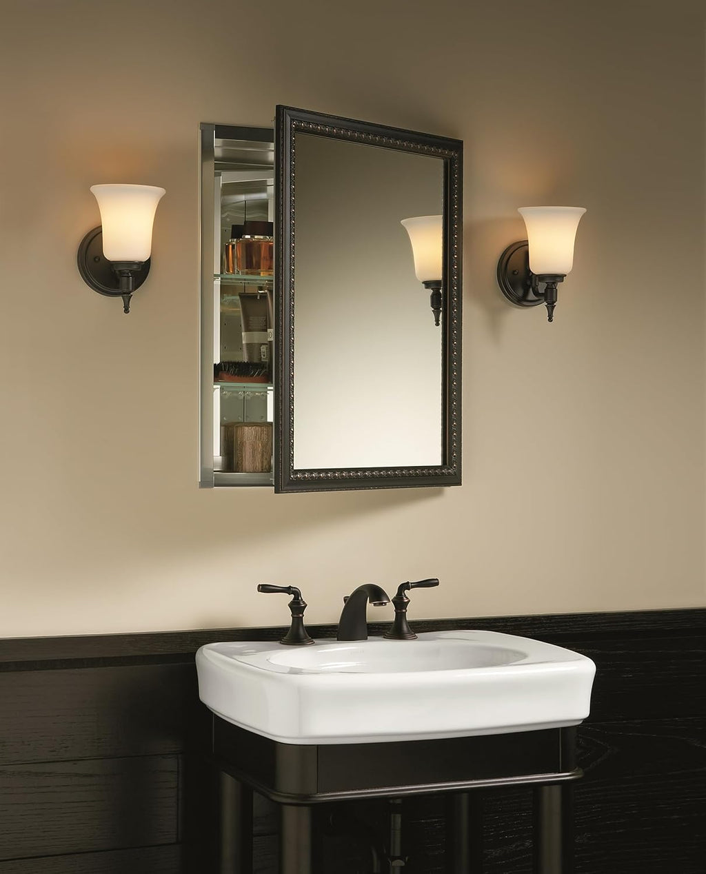 Kohler 2967-BR1 20" W x 26" H Bathroom Medicine Cabinet with Framed Mirror Door, Recessed or Surface Mount Bathroom Wall Cabinet, Oil-Rubbed Bronze