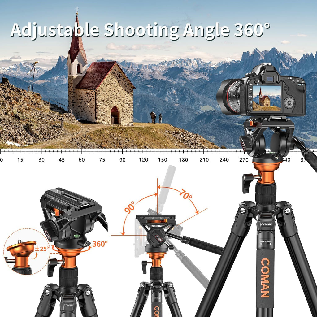 COMAN Camera Tripod with Fluid Head, Lightweight Compact Tripod for Camera with Detachable Monopod Aluminium Alloy and QR Plate for DJI Canon Nikon Sony DSLR Camera 70.8“ Max Load 22.04lb(FF06S)