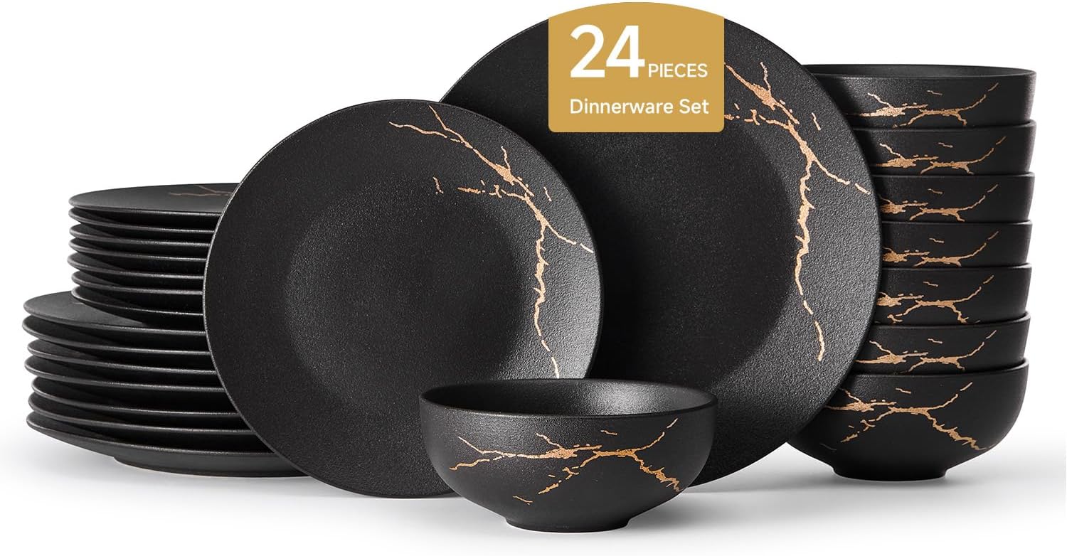 KINGSTONE Dinnerware Sets for 8, Black & Gold Plates and Bowls Sets Matte Vein Dish Set, Modern Luxury Tableware Dinner Salad Plate bowl, for Home Wedding Party Gifts (24 Piece)