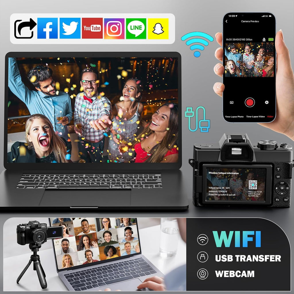 8K Digital Cameras for Photography 64MP - 16X Zoom Autofocus, WiFi, 180° Flip Screen with Wide-Angle & Macro Lens, Vlogging Camera for YouTube Travel with 64GB TF Card, 2 Batteries & Mic (Black)