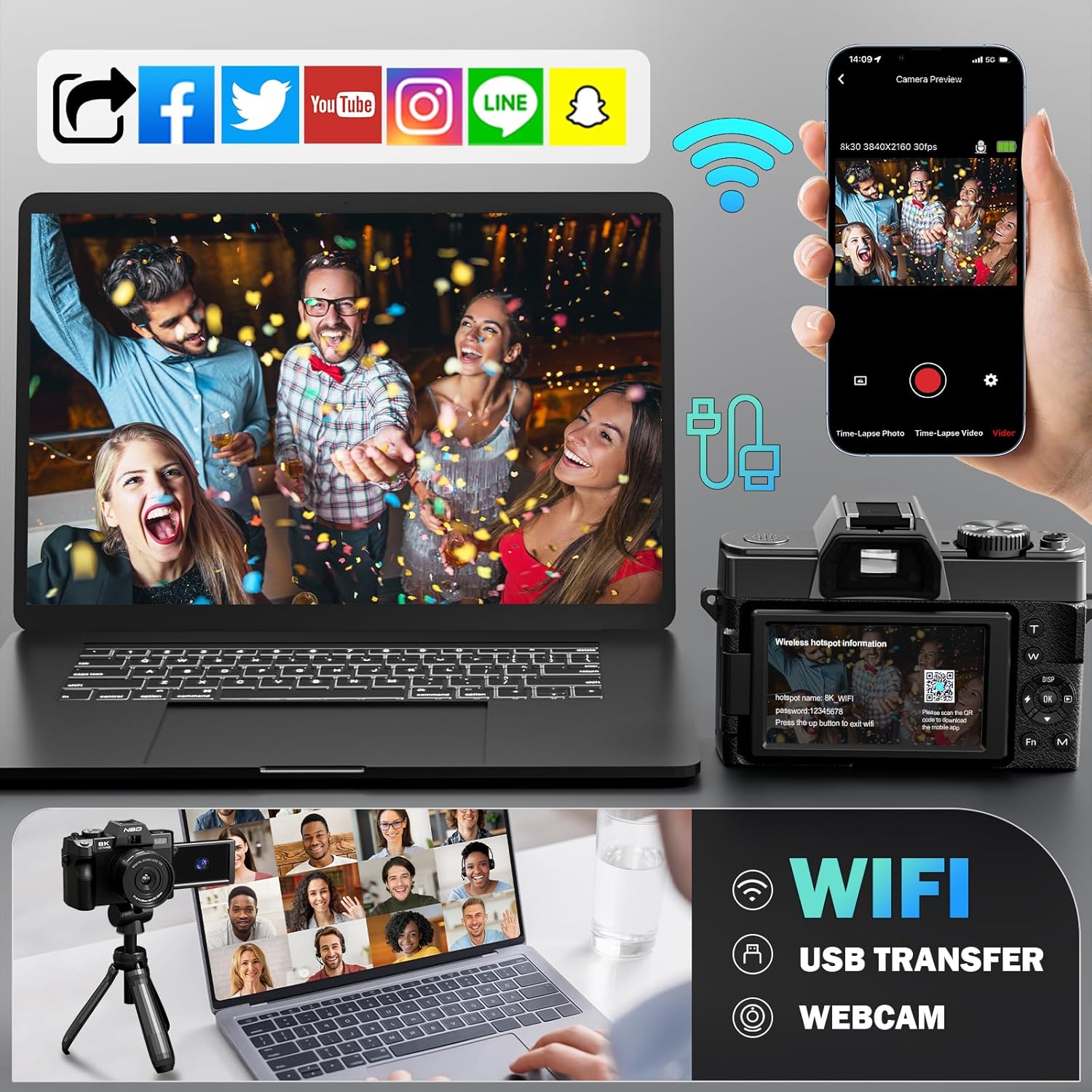 8K Digital Cameras for Photography 64MP - 16X Zoom Autofocus, WiFi, 180° Flip Screen with Wide-Angle & Macro Lens, Vlogging Camera for YouTube Travel with 64GB TF Card, 2 Batteries & Mic (Black)