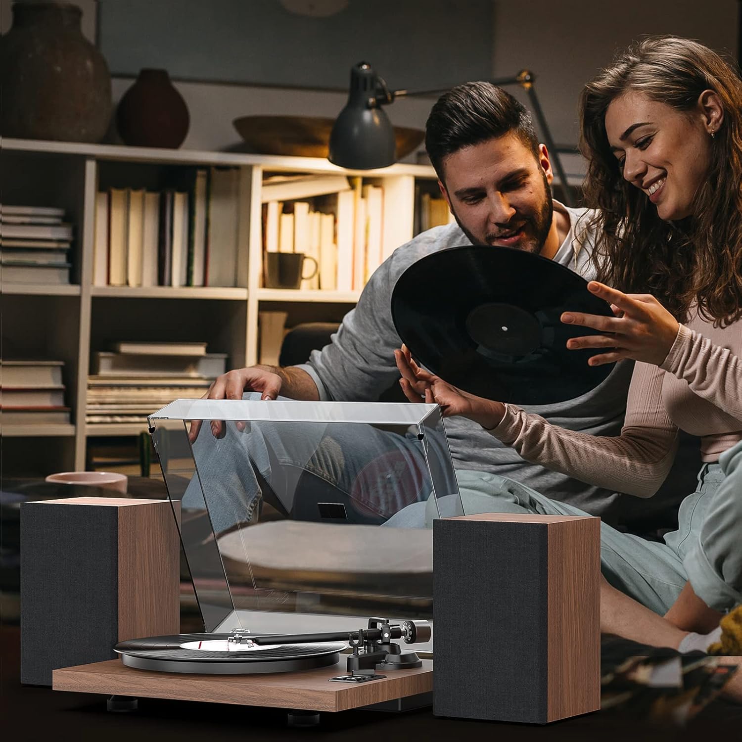 1 BY ONE Bluetooth Turntable HiFi System with 36 Watt Bookshelf Speakers, Patend Designed Vinyl Record Player with Magnetic Cartridge, Wireless Playback and Auto Off (Walnut)
