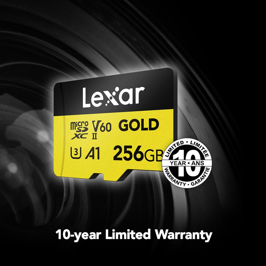 Lexar 256GB Professional Gold Micro SD Card, UHS-II, C10, U3, V60, A1, Full HD, 4K, Up to 280/180 MB/s microSDXC Memory Card, for Drones, Action Cameras, Portable Gaming Devices (LMSGOLD256G-BNNNG)