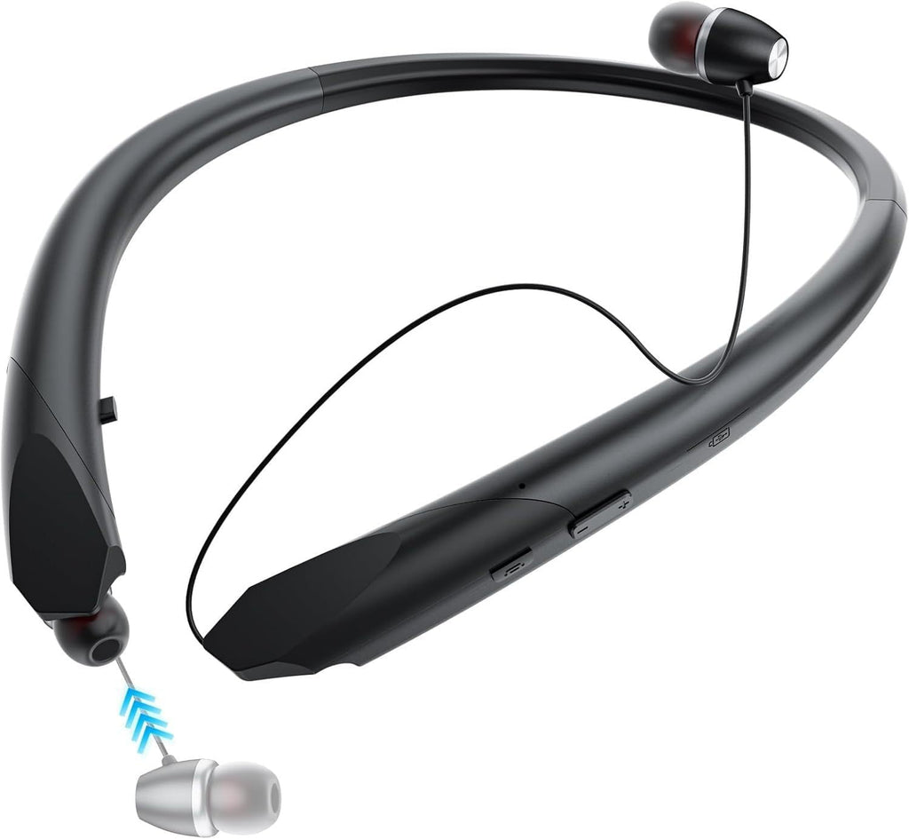 Bluetooth Neckband Headphones with Retractable Earbud Cables, 24H Battery Life, IPX5 Sweatproof Wireless Earbuds, Stereo Surround Sound for Sports, Running, Workouts