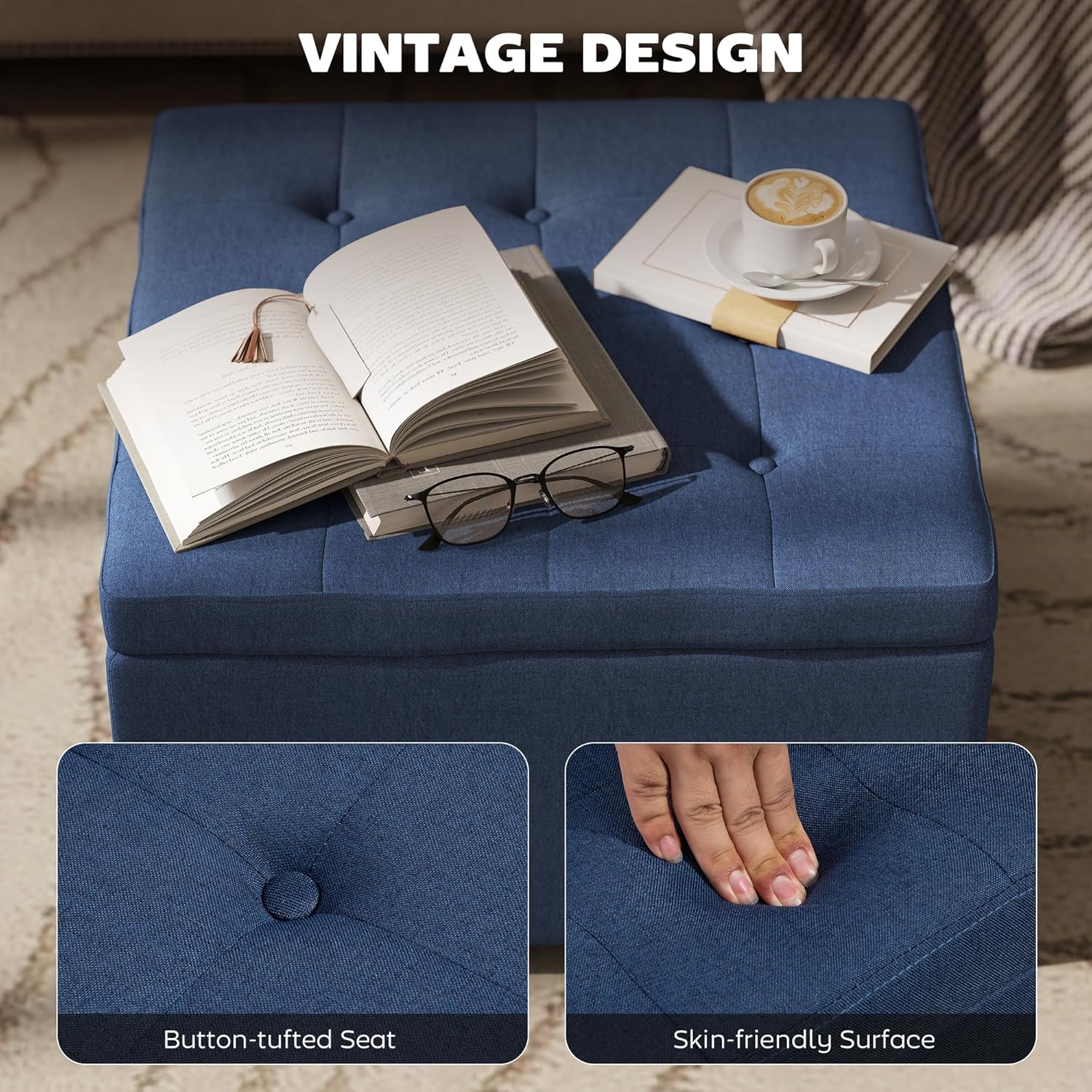 HOMCOM Storage Ottoman Coffee Table with Flip Top Seat Lid, Tufted Upholstered Footstool with Wood Frame for Living Room, Entryway, Bedroom, Blue