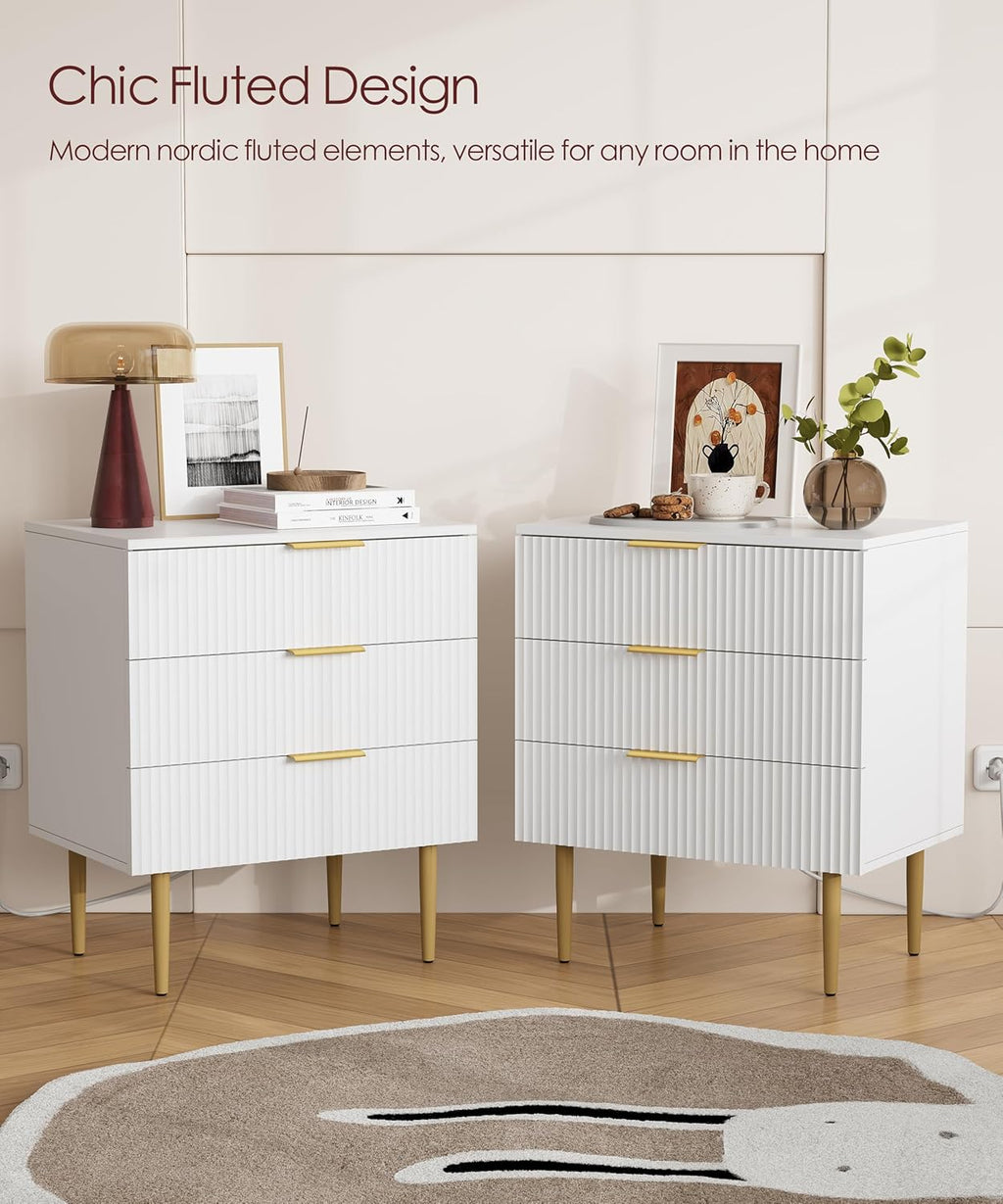 Akxomel 3 Drawer Nightstand with Charging Station, 23.2" W Large Fluted Night Stand, Modern Bedside Table with USB Ports and Outlets, for Bedroom, White and Gold