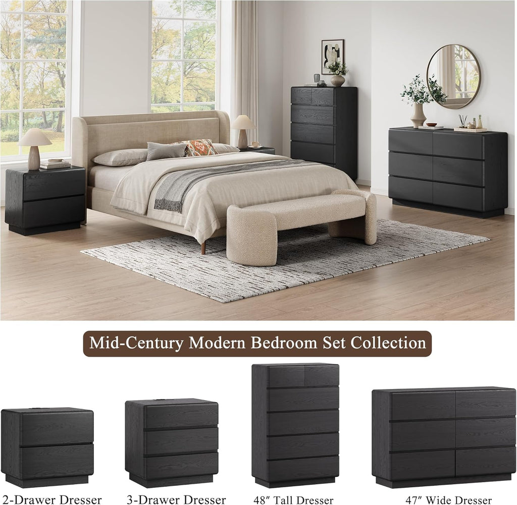 YANSNWO Black Nightstand with Charging Station, 23.6" Modern Night Stand with 3 Storage Drawers, Rounded Corner Design, Bedside Table with Reinforced Thickened Base for Bedroom, Living Room