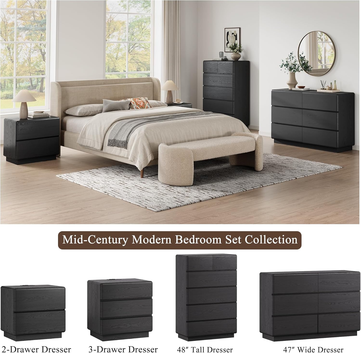 YANSNWO Black Nightstand with Charging Station, 23.6" Modern Night Stand with 3 Storage Drawers, Rounded Corner Design, Bedside Table with Reinforced Thickened Base for Bedroom, Living Room