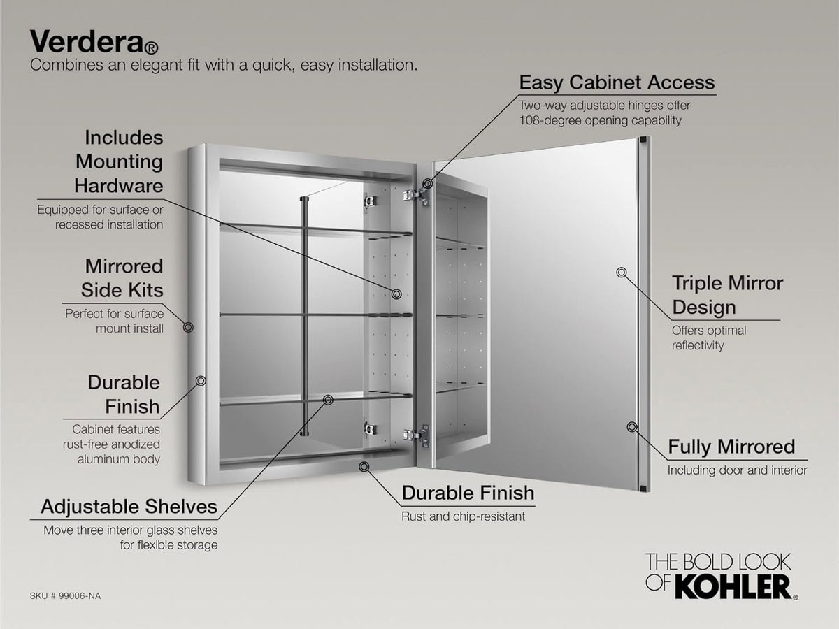 KOHLER K-28030-NA Verdera Medicine Cabinet with Slow-Close Mirror Door & Adjustable Shelves, Rectangular Frame, 20" x 40"
