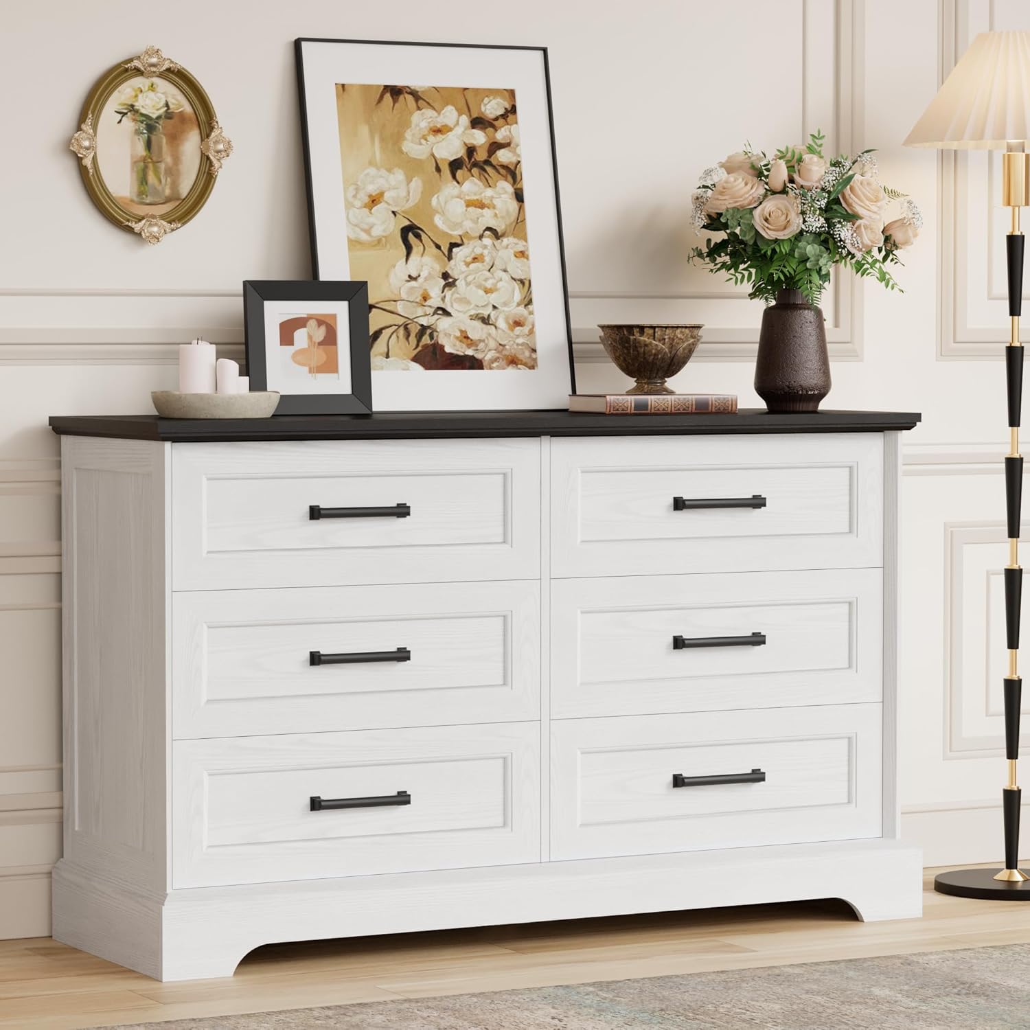 Furmax Farmhouse Dresser for Bedroom, 7 Drawers Dresser, Wood Chest of Drawers, 47.5" Wide Storage Dressers Organizer for Bedroom, Living Room, White and Black