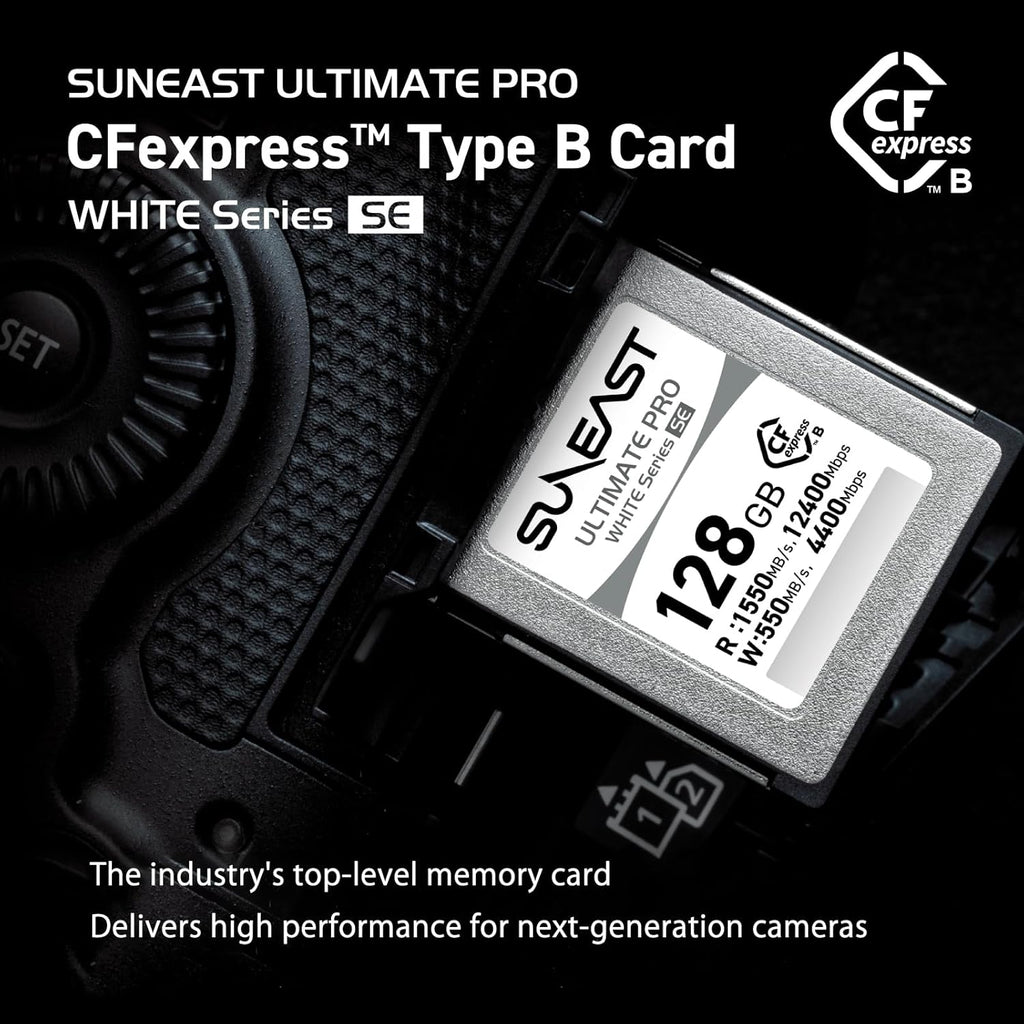 SUNEAST Ultimate PRO White CFexpress Type B, 128GB Memory Card, Up to 1550MB/s Read, 550MB/s Write, TLC 8K Video Card for Professional Cameras, High-Speed CFexpress B, XQD-Compatible, Series SE