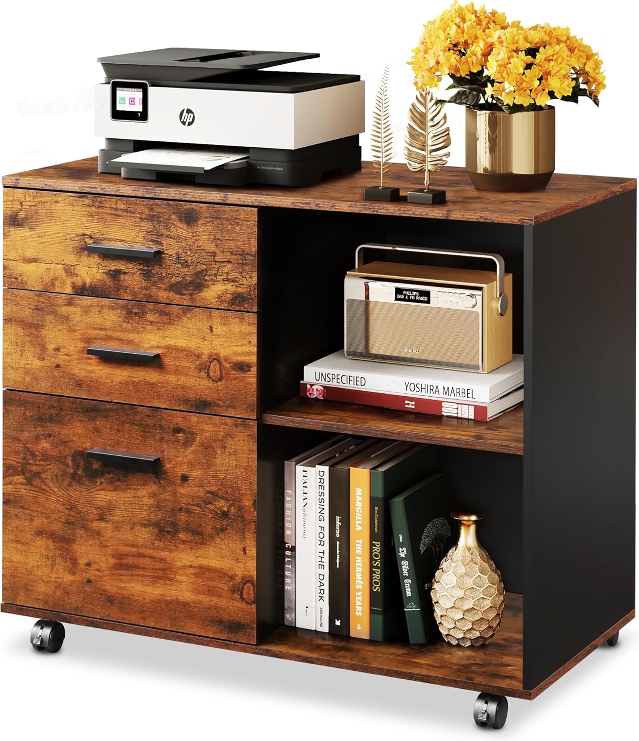 DEVAISE 3 Drawer Mobile File Cabinet, Wood Lateral Filing Cabinet, Printer Stand with Open Shelves for Home Office, Rustic Brown