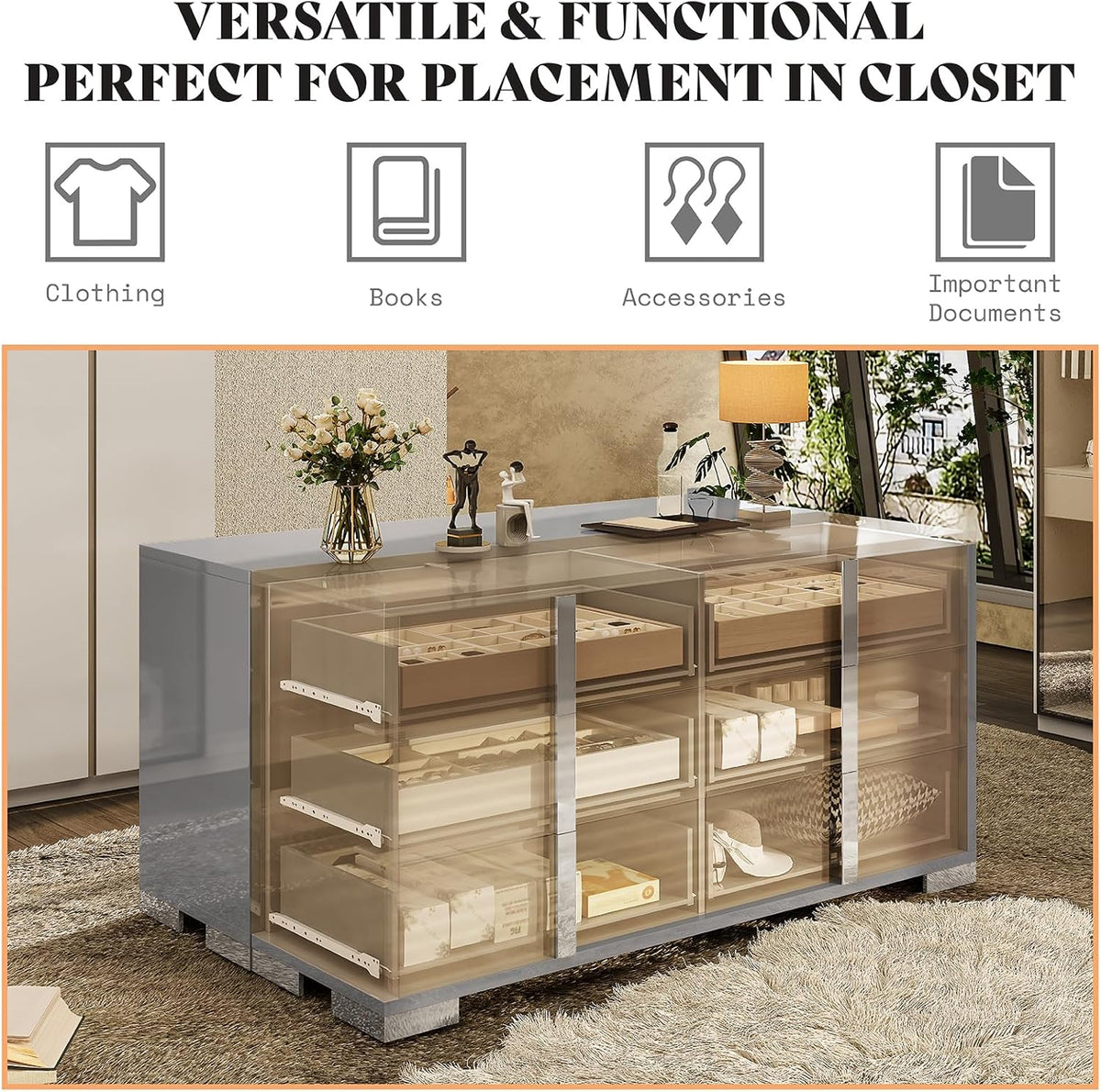 AMERLIFE 54" W High Gloss 6 Drawers Dressers with Silver Grooved Handles, Modern Storage Chest of Drawers with Wide Tabletop, for Bedroom/Dressing Room/Living Room, Grey