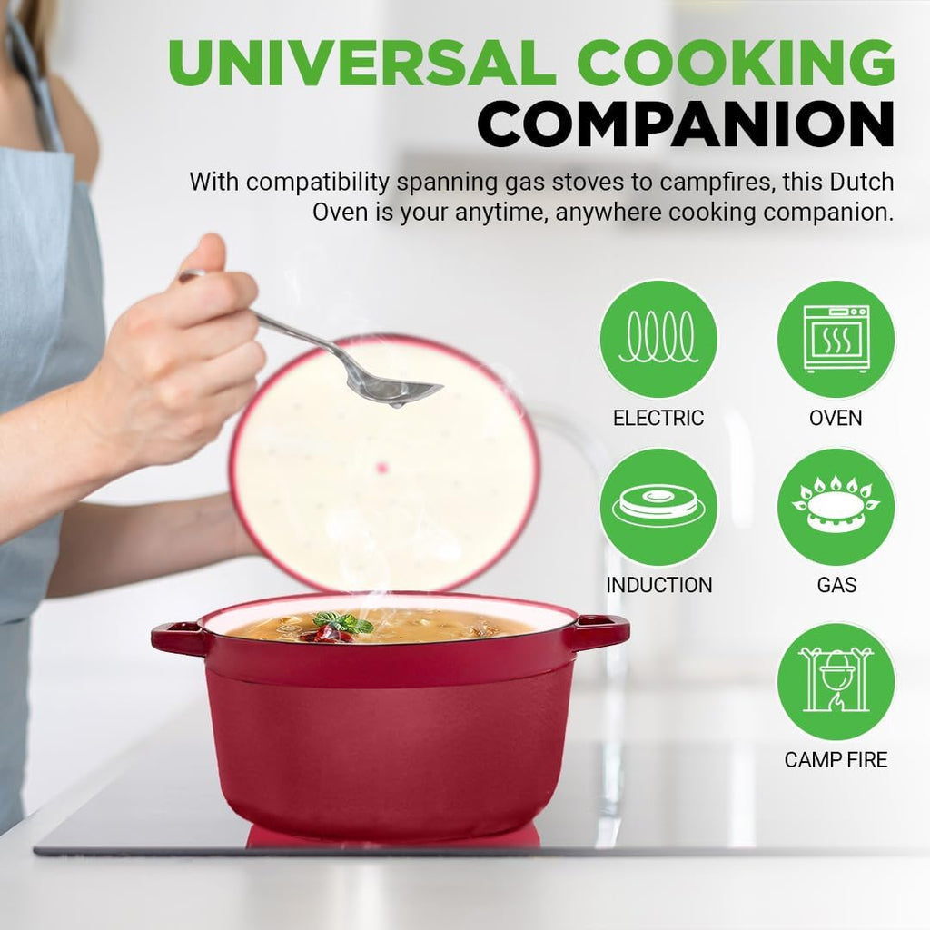 Nutrichef 6 Quart Electric Dutch Oven | 1500W 5-in-1 Enamel Coated Cast Iron Pot with Stainless Steel Lid | Precise Temperature Control | Includes 2 Silicone Pot Holders & Heat Resistant Pad | Red