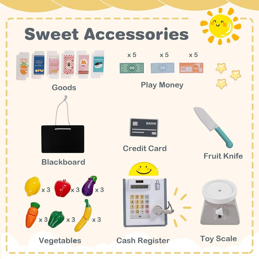 Costzon Kids Grocery Store Playset, Wooden Play Store w/Lights & Sound, Shopping Cart, Blackboards & Cash Register, Toddler Toy Grocery for Boys and Girls Ages 3+ (Natural, 35.5" x 31" x 41")
