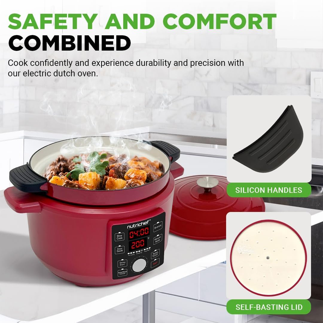 Nutrichef 6 Quart Electric Dutch Oven | 1500W 5-in-1 Enamel Coated Cast Iron Pot with Stainless Steel Lid | Precise Temperature Control | Includes 2 Silicone Pot Holders & Heat Resistant Pad | Red