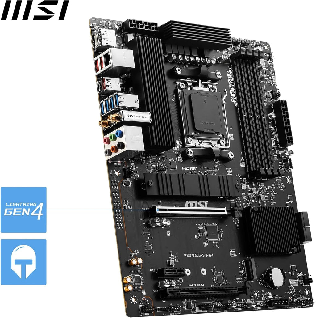 MSI PRO B650-S WiFi V1 Motherboard, ATX - Supports AMD Ryzen 9000/8000 / 7000 Series Processors, AM5 - DDR5 Memory Boost 6000+MHz/OC, 2 x PCIe 4.0 x16, 2 x M.2 Gen4, Wi-Fi 6E