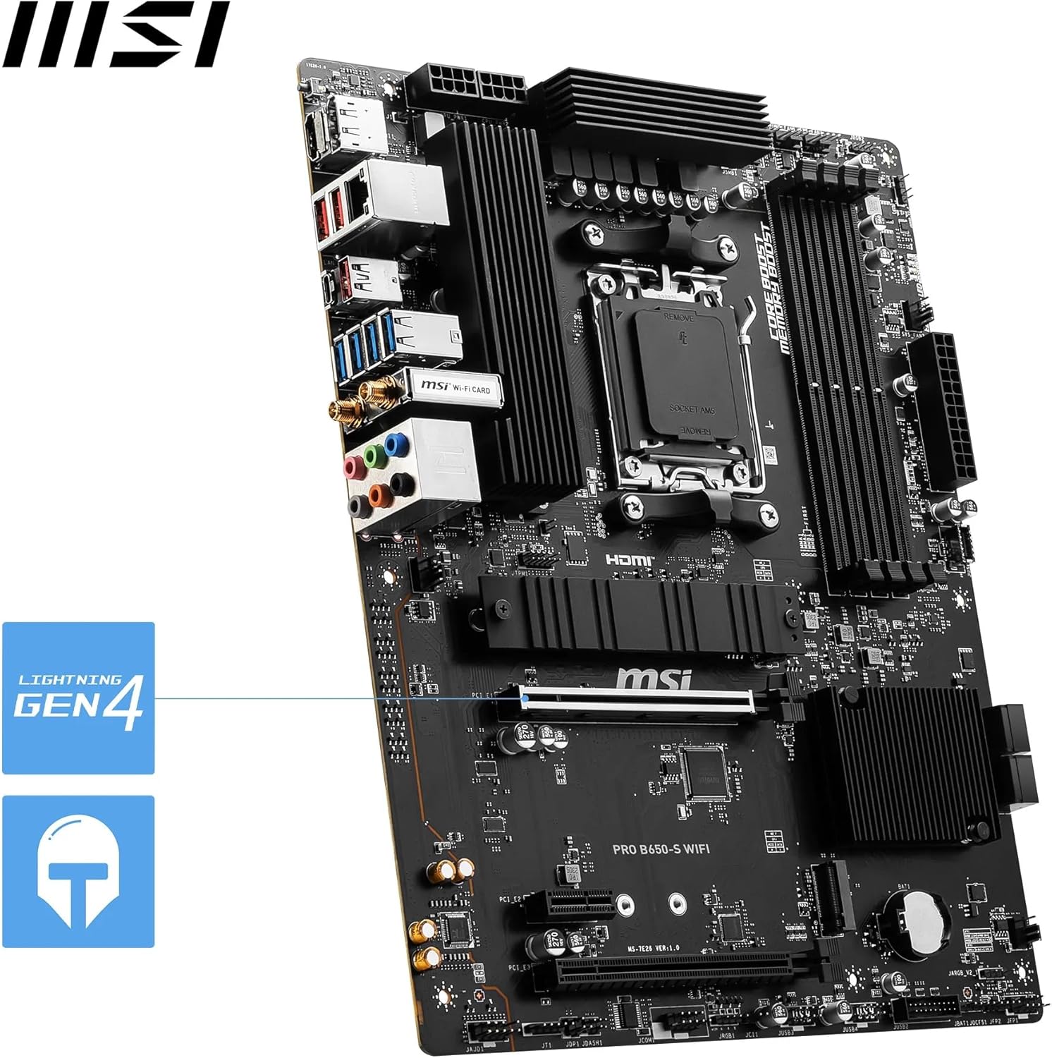 MSI PRO B650-S WiFi V1 Motherboard, ATX - Supports AMD Ryzen 9000/8000 / 7000 Series Processors, AM5 - DDR5 Memory Boost 6000+MHz/OC, 2 x PCIe 4.0 x16, 2 x M.2 Gen4, Wi-Fi 6E