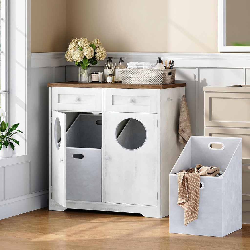 HOOBRO Double Laundry Hamper Cabinet, Hidden Laundry Cabinet with 2 Drawers & 2 Baskets, 20 Gallon Farmhouse Bathroom Laundry Hamper with 2 Clothes-Toss Holes, White and Dark Walnut WHZ36XY01