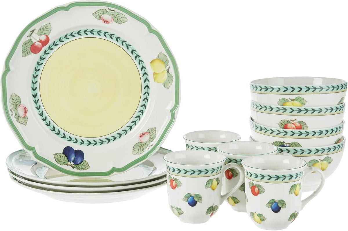 Villeroy & Boch French Garden 12-Piece Dinnerware Set, Service for 4, Plates, Bowls & Mugs, Premium Porcelain, Made in Germany, Dishwasher and Microwave Safe
