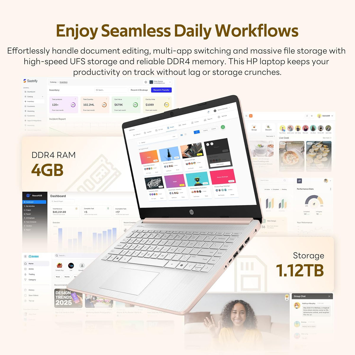 HP Stream 14" Laptop with AI Copilot, Flagship for Students & Business, 13th Gen Intel 4-Core, 4GB RAM, 1.12TB Storage (128GB UFS + 1TB Docking Station), Office 365 1-Year, Win 11 S, Pale Rose Gold