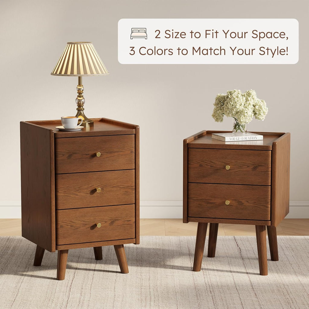Walnut Nightstand, Solid Wood Nightstand, Modern Night Stand with Drawers, Wood Night Stand, End Table with Storage, Small Bedside Tables for Small Spaces, Walnut Bedside Table (23.6" H)