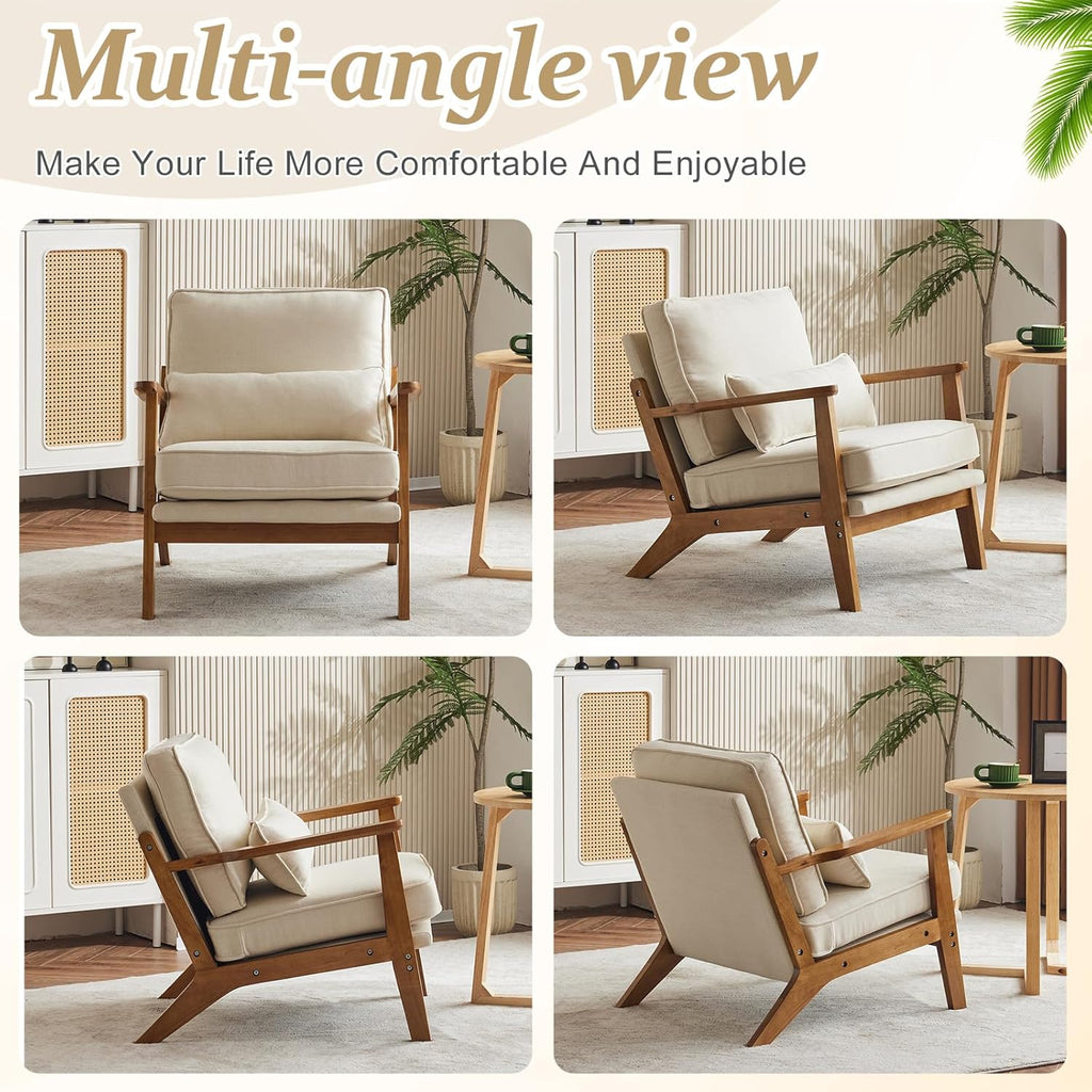 VINGLI Solid Wood Wide Armrests Accent Chair Set of 2,Upholstered Mid Century Modern Chair with Pillow,Farmhouse Arm Chair Comfy Reading Chair,Chairs Living Room,Bedroom,Guest Room,Linen Fabric,Beige