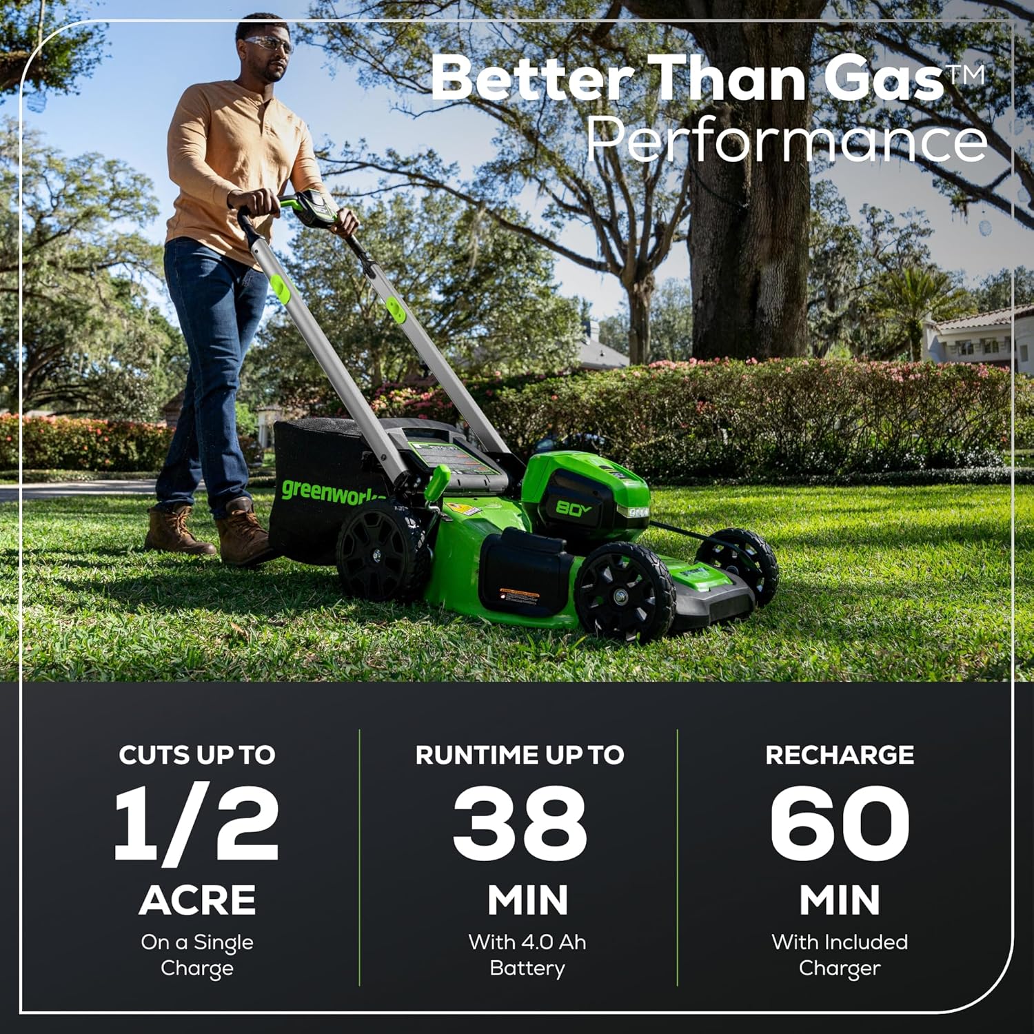 Greenworks 80V 21" Cordless Push Lawn Mower – Brushless Motor, LED Lights, 4.0Ah Battery & Rapid Charger (75+ Compatible Tools)