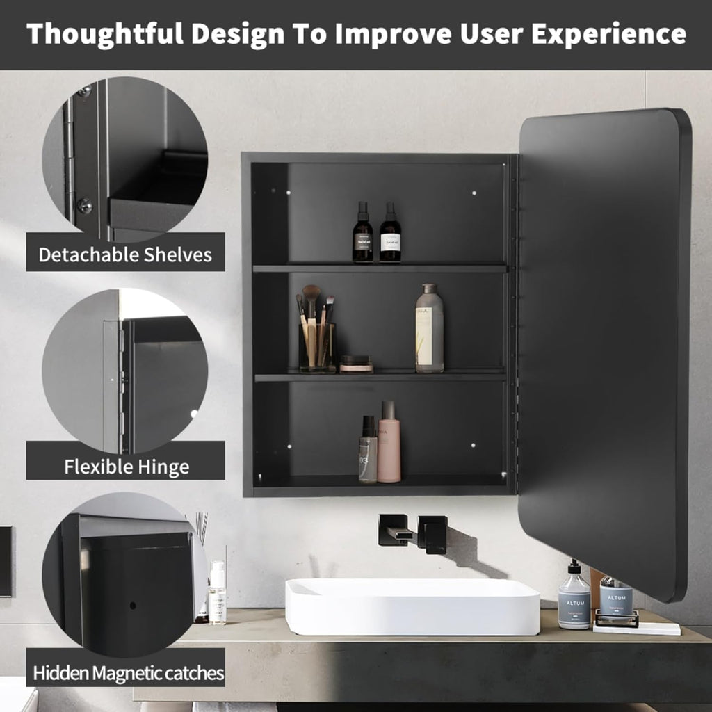 Movo Black Metal Framed Bathroom Mirror Medicine Cabinet,30 Inch x 24 Inch Recessed Wall Mounted Medicine Cabinet with Mirror,Aluminum Storage Cabinet for Bathroom Vanity