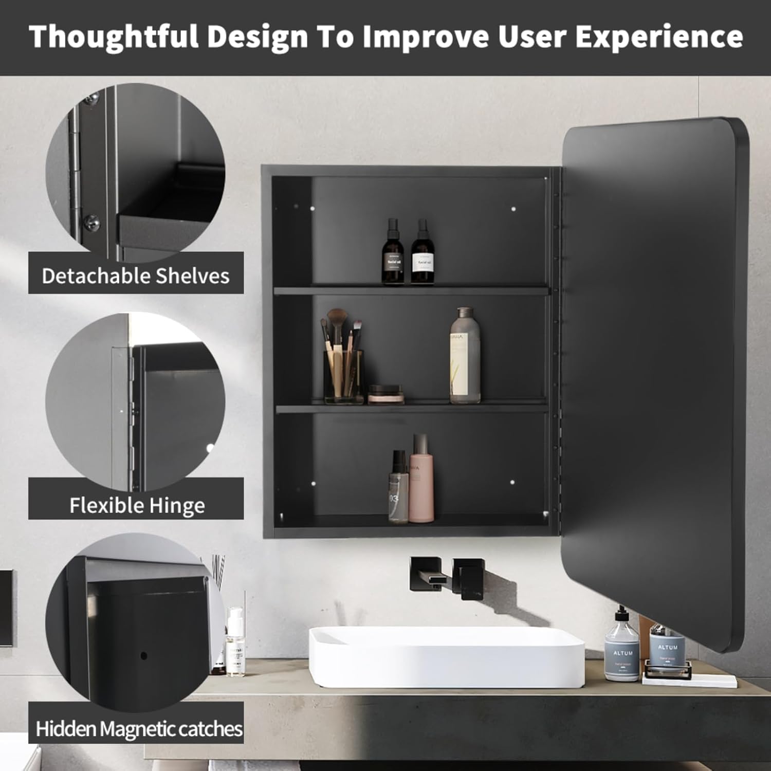 Movo Black Metal Framed Bathroom Mirror Medicine Cabinet,30 Inch x 24 Inch Recessed Wall Mounted Medicine Cabinet with Mirror,Aluminum Storage Cabinet for Bathroom Vanity