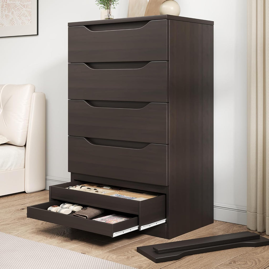 Brown Tall 5 Drawer Dresser for Bedroom with Hidden Storage Design, Large Modern Closet Dressers & Chests of Drawers with Cut-Out Handles, 27.6" L*15.8" W*45.3" H for Bedroom, Living Room, Nursery