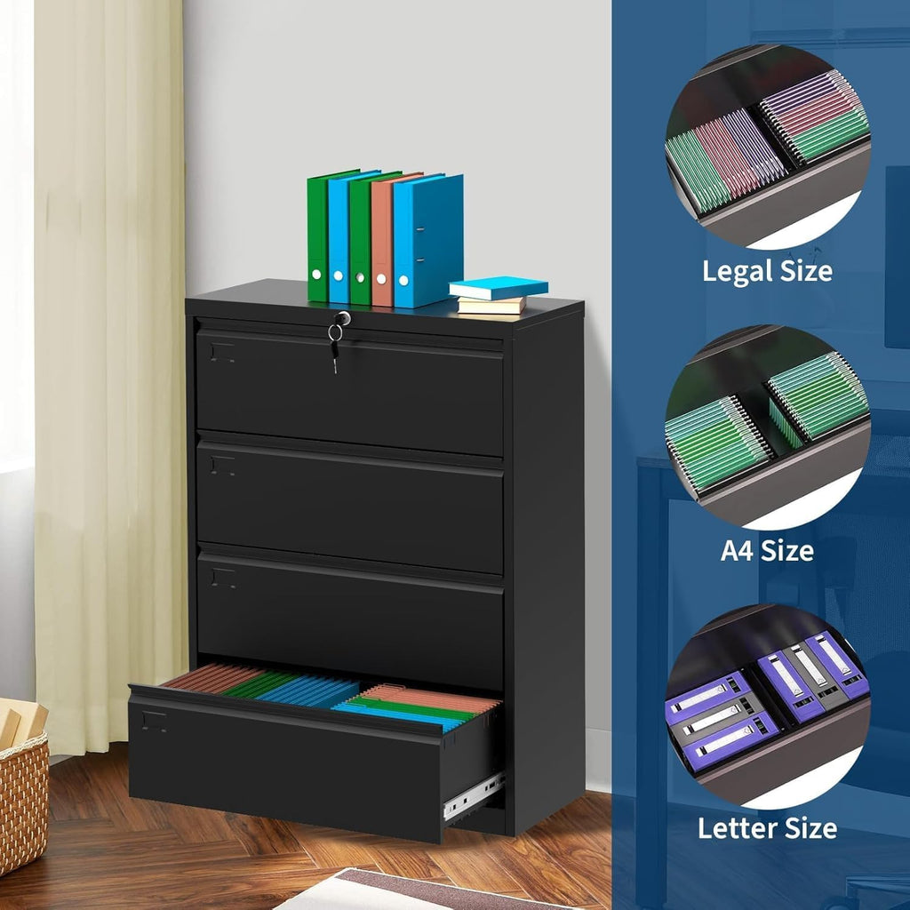 4-Drawer Metal File Cabinet with Lock, Lateral Filing Cabinet for Letter/Legal/A4 Size Documents, Heavy Duty Lockable File Storage Cabinet for Home Office