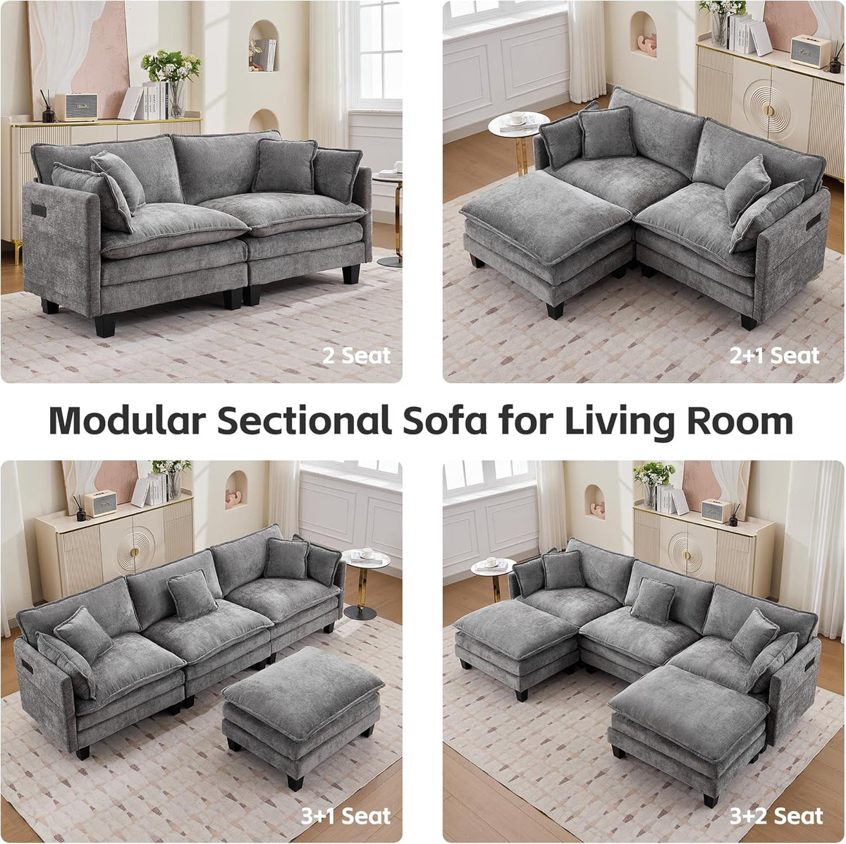 Opiesit Modular Sectional Sofa with Movable Ottoman, 110" 4-Seat Modern Couches for Living Room, Comfy L Shaped Couch Set with Deep Seat for Office and Apartment, Grey Chenille Fabric