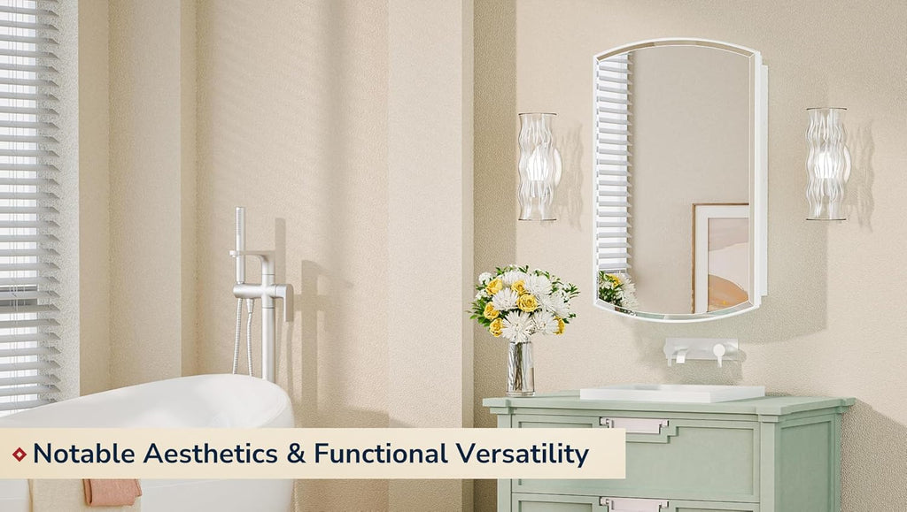 Keonjinn Medicine Cabinet 16 x 26 Inch, Surface Mount or Recessed Cabinets with Mirrors, White Metal Framed Wall Mirror with Storage, 2 Adjustable Shelves, Beveled Edge Frame