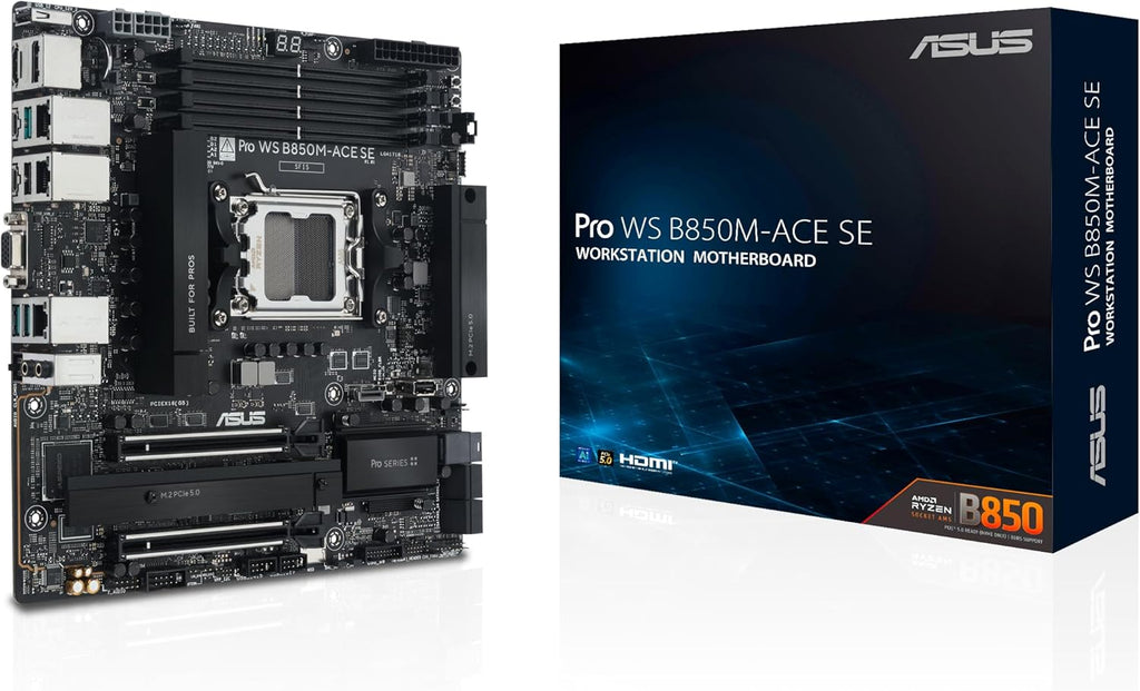 ASUS Pro WS B850M-ACE SE AMD AM5 B850 mATX MicroATX Business motherboard, PCIe 5.0 x 16, DDR5, 2x PCIe 5.0 M.2, PCIe 5.0 MCIO, U.2, 10G & 2.5G LAN, USB4®, ASUS Control Center Express Remote Management