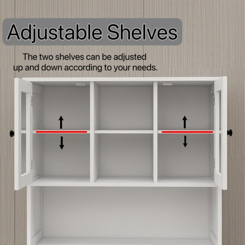 Laundry Room Storage Cabinets with Tilt-Out Double Doors, Laundry Cabinet with 2 Removeable Non-Woven Bags and Glass Doors 60” Tall Bathroom Cabinet with Adjustable Shelves (White)