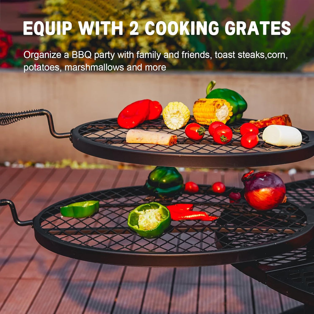 Verdeluxe 42 Inch BBQ Fire Pit with 2 Grills,3-in-1 Outdoor Round Metal Fire Pit Table with Lid,Fire Poker,Large Outdoor Wood Burning Firepits for Outside,Picnic,Bonfire Backyard Patio(Black)