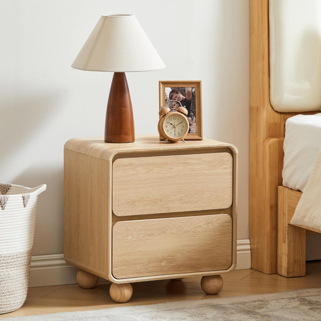Small Night Stand Set of 2, Mid Century Modern Nightstands with 2 Drawers and Solid Wood Legs, 2 Drawer Dresser Curved Profile Design End Table Side Table for Small Space, Dorm, Bedroom(Natural)