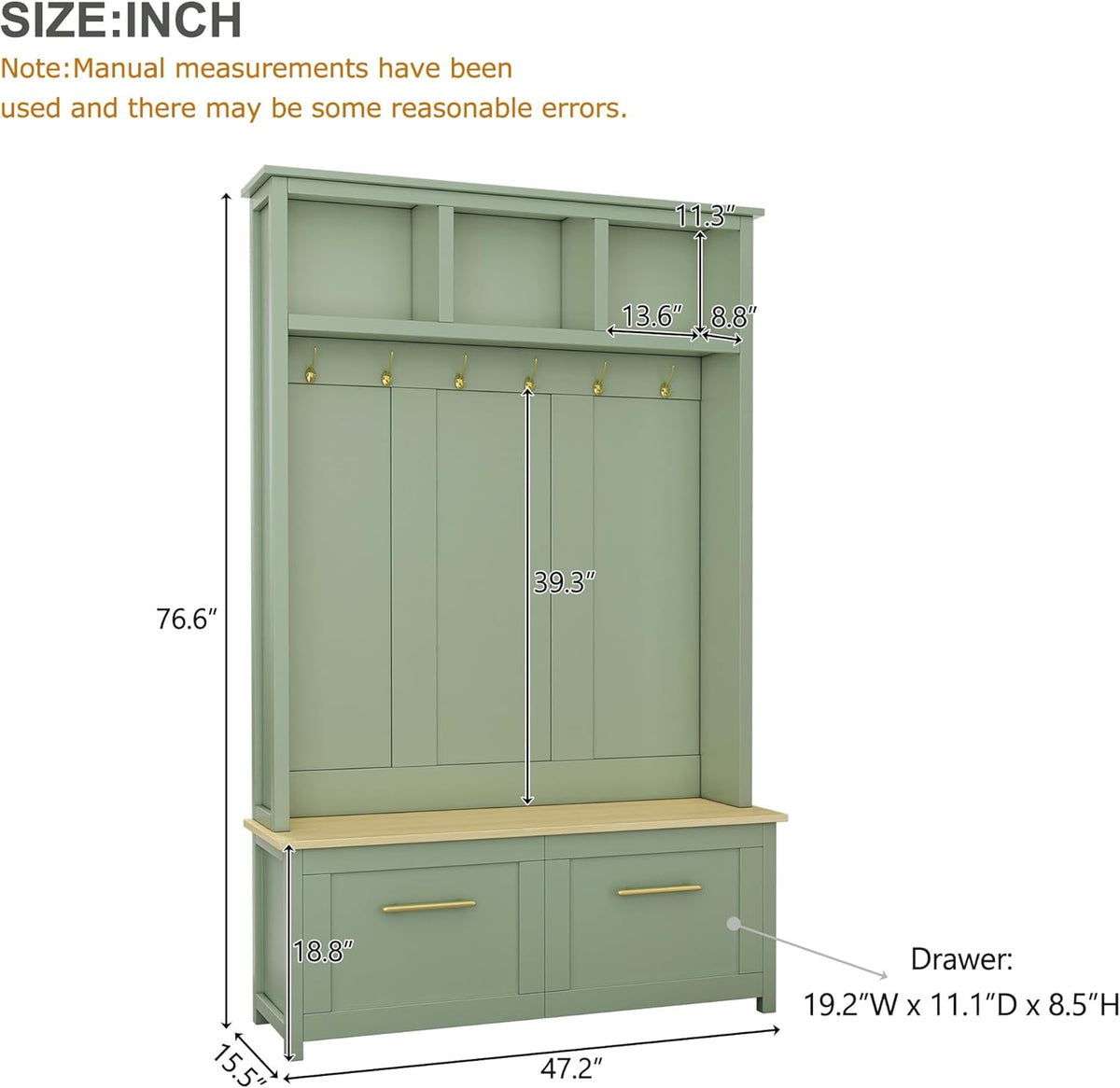 LUMISOL Mudroom Coat Rack with 2 Drawers, Entryway Hall Tree with Storage Bench, Mint Green
